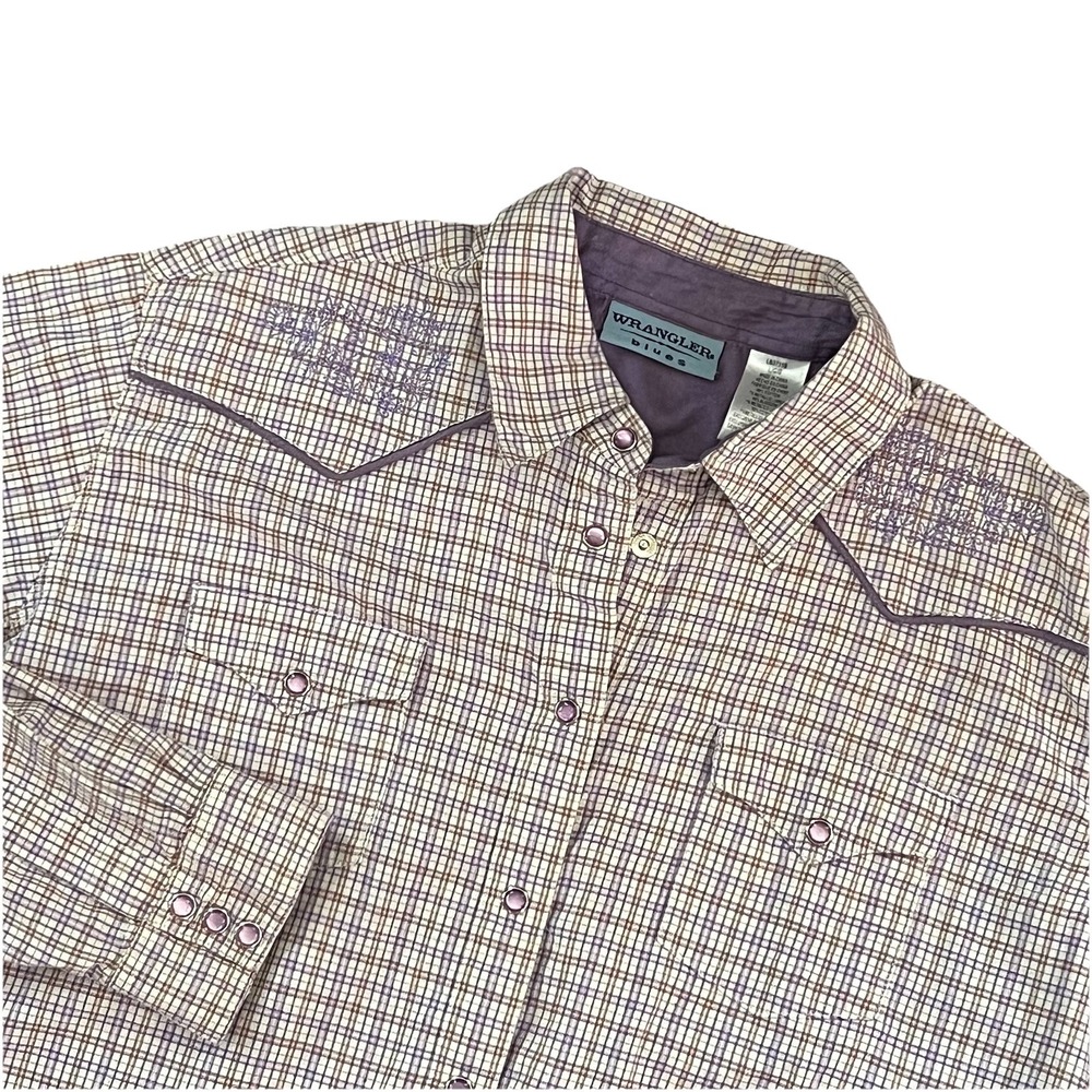 Wrangler Blues Western Pearl Snap Shirt Purple Plaid Long Sleeve Cowgirl L‎